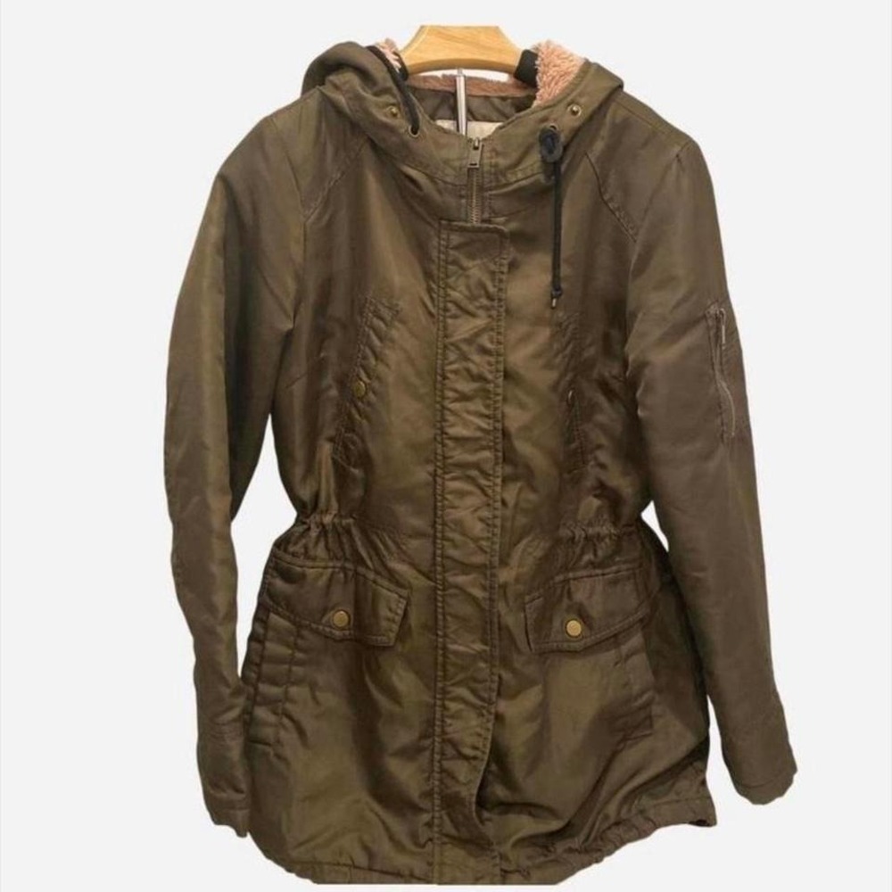American Rag Olive Green Hooded‎ Parka Jacket Faux Fur Lined Drawstring Waist